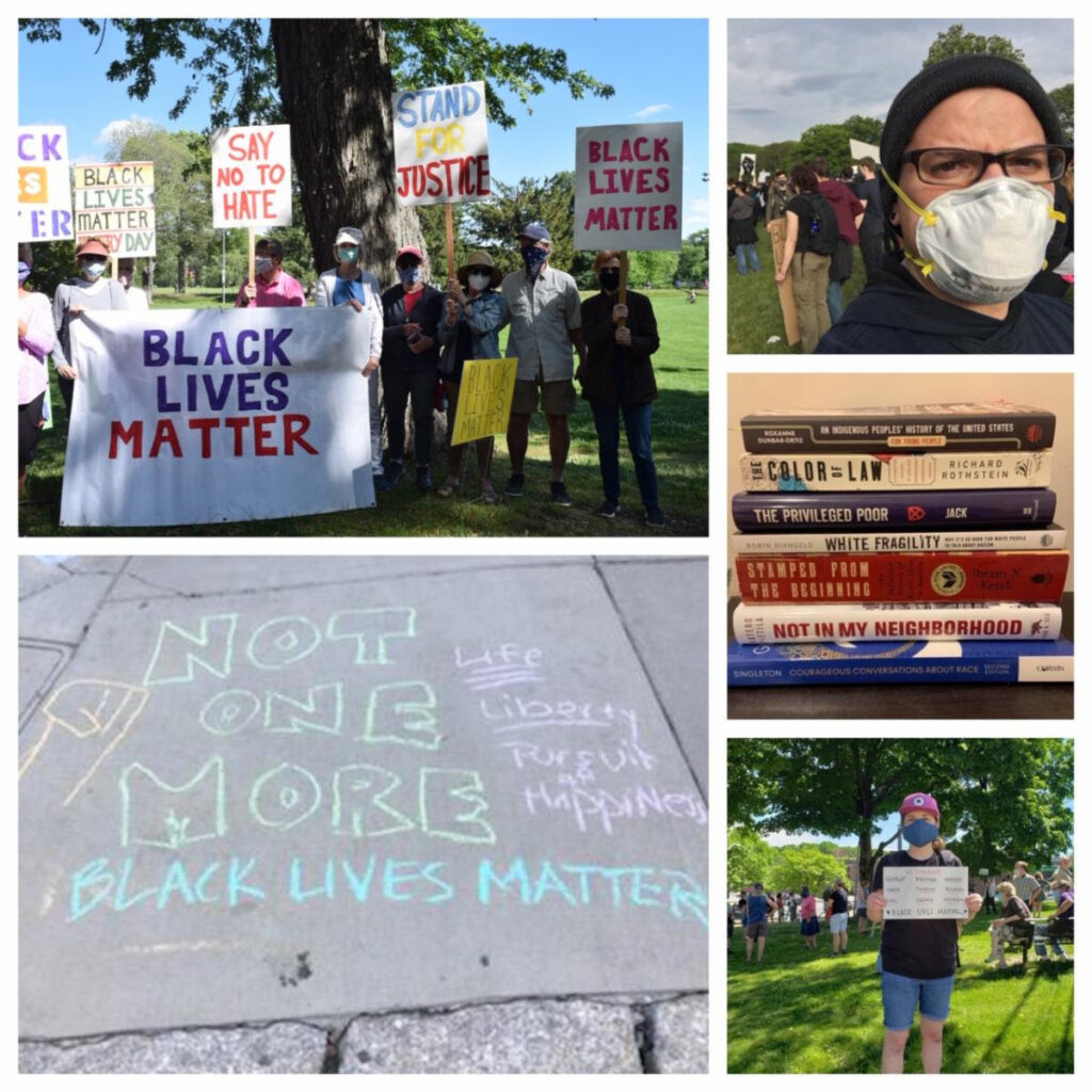 five photos in a grid (protestors, books, chalking)