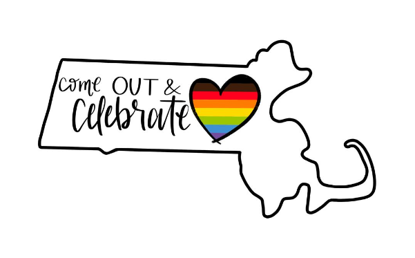 black outline of Massachusetts on white background with decorative text reading Come OUT & Celebrate, along with the Philly rainbow heart over MetroWest region